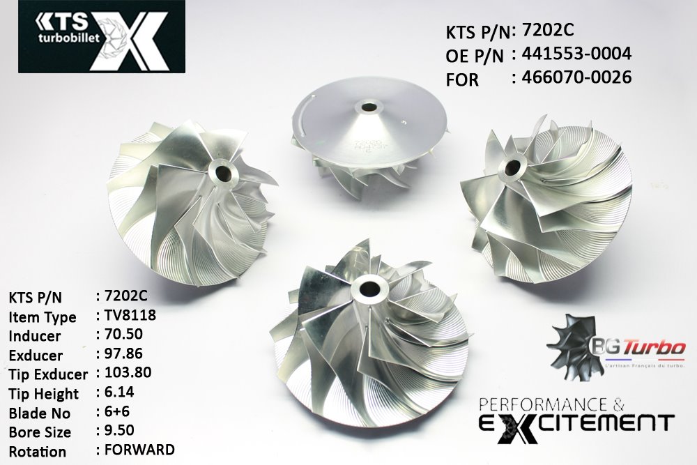 Turbo ROUE FORGÉE MFS PERFORMANCE - 6+6 PALES - INDUCER : 70,5 - EXDUCER : 97,86 - TYPE : TV8118ANGLE : 60° - ROTATION : Forward - SUPER BACK : 8,12 - BORE SIZE : 9,5
